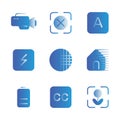 Photo editor icon set include camera, device, video, record, focus, none, auto, optional, flash, option, shade, shadow, contras,