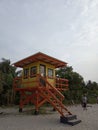 Photo Editorial, 20 Januari 2021, North Jakarta, Indonesia life Guard Tower, with local tourist