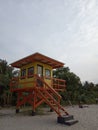 Photo Editorial, 20 Januari 2021, North Jakarta, Indonesia life Guard Tower, with local tourist