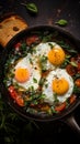 Photo of eggs for breakfast with different ingredients on the plate, dark background Royalty Free Stock Photo