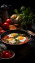 Photo of eggs for breakfast with different ingredients on the plate, dark background Royalty Free Stock Photo