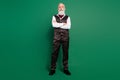 Photo of egocentric rich confident bearded man crossed arms wear striped suit on green color background Royalty Free Stock Photo