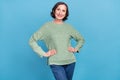 Photo of elder white hair nice lady wear green jumper isolated on blue color background