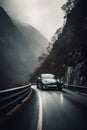 A photo of an electric car moving along a mountain road AI generated