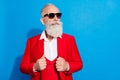 Photo of elederly rich business man serious confident wear sunglass look empty space isolated over blue color background