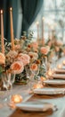 Photo Elegance in details table setting with flowers and glowing candles