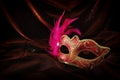 Photo of elegant and delicate gold, red venetian mask over dark velvet and silk background. Royalty Free Stock Photo