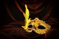 Photo of elegant and delicate gold venetian mask over dark velvet and silk background.