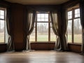 Empty house with curtained windows.