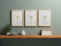 3 photo empty mockup frames shelf , flowers, . 3D render. 3D illustration.