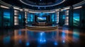 Photo of empty television studio broadcast room with professional camera, bright room, news room. Generative AI Royalty Free Stock Photo