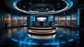 Photo of empty television studio broadcast room with professional camera, bright room, news room. Generative AI Royalty Free Stock Photo