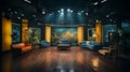 Photo of empty television studio broadcast room with professional camera, bright room, news room. Generative AI Royalty Free Stock Photo