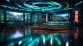 Photo of empty television studio broadcast room with professional camera, bright room, news room. Generative AI Royalty Free Stock Photo
