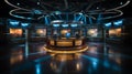 Photo of empty television studio broadcast room with professional camera, bright room, news room. Generative AI Royalty Free Stock Photo