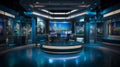 Photo of empty television studio broadcast room with professional camera, bright room, news room. Generative AI Royalty Free Stock Photo