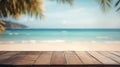 empty wooden desk mockup with blur beach background Royalty Free Stock Photo