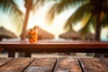 A photo of an empty wooden table with a tiki beach bar blurred background Generative AI