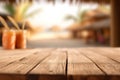 A photo of an empty wooden table with a tiki beach bar blurred background Generative AI