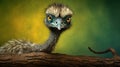 Whimsical Emu Portrait On Wood Branch - Peter Kemp Inspired Digital Art