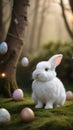 Photo Of Enchanted Easter Woodland, Whimsical White Bunny Amidst A Magical Eggfilled, Est. Generative AI