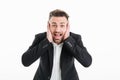 Photo of excited businesslike man in suit yelling on camera and Royalty Free Stock Photo