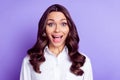 Photo of excited crazy lady look camera open mouth wear white shirt isolated purple color background