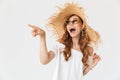 Photo of excited stylish girl 20s wearing big straw hat and sung