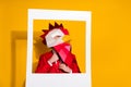 Photo of executive guy fix necktie snapshot retro focus wear cock polygonal mask red tux isolated yellow color