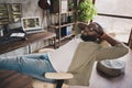 Photo of exhausted guy developer sit chair nap sleep after hardware web java script testing in workspace Royalty Free Stock Photo