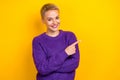 Photo of experienced manager short blonde hair lady wear purple knit sweater finger direct empty space vacancy isolated