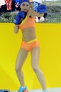 Photo Expo-2015. Moscow girl model posing in a yellow bikini Boxing