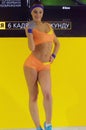 Photo Expo-2015. Moscow girl model posing in a yellow bikini Boxing