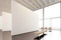 Photo exposition modern gallery,open space.Big white empty canvas hanging contemporary art museum.Interior loft style Royalty Free Stock Photo