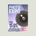 Photo exposition poster vector illustration. Date and place of grand opening. Professional zoom photo lenses and