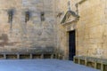 Photo of the facade of the Church of San Juan Bautista in Laguardia, Vitoria. Relics of ancient fortification and stone benches