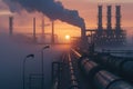 A photo of a factory with smoke billowing out of its chimneys, contributing to air pollution, A foggy dawn breaking over