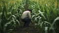 A Photo of a Farmer Inspecting Rows of Corn in a Field