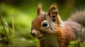 A close-up of a tiny cute red squirrel with big bushy tail against a green background created with Generative AI