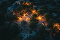 This photo features an aerial view of a campsite at night, showcasing tents, campfires, and surrounding nature, A picturesque