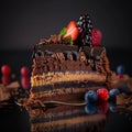 Dessert Piece of chocolate cake with fresh berries on the table close-up