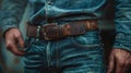 This photo features a close-up shot of a person wearing blue jeans and a black leather belt. The focus is on the denim