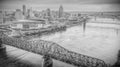 Aerial View of the Ohio River and Downtown Cincinnati, OH in Black and White