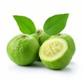 Vibrant Guava Fruits With Leaves On White Background