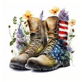 Beautiful Florals and Retro Veteran Boots with American Flag, Isolated on White Background - Generative AI