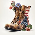 The Old Veteran Boots Combined with American Flag and Florals, Isolated on White Background - Generative AI