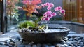 Serene Japanese Zen Garden with Orchid, Bamboo, and Rock Fountain Royalty Free Stock Photo