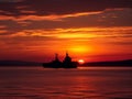 Warship Silhouette Sailing at Sunset