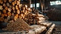 Renewable Energy: Stack of Biomass Wood Pellets and Woodpile Background Royalty Free Stock Photo