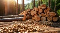 Renewable Energy: Stack of Biomass Wood Pellets and Woodpile Background